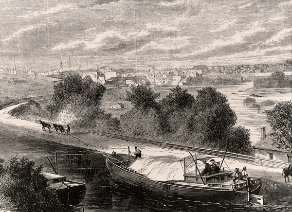 Mules pulling boat along James River and Kanawha Canal in pre Civil War times.